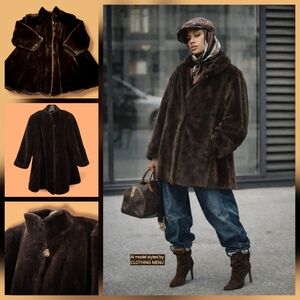 MARVIN RICHARDS Vintage Brown Faux Fur Swing Mid-Thigh Coat Size Medium EUC